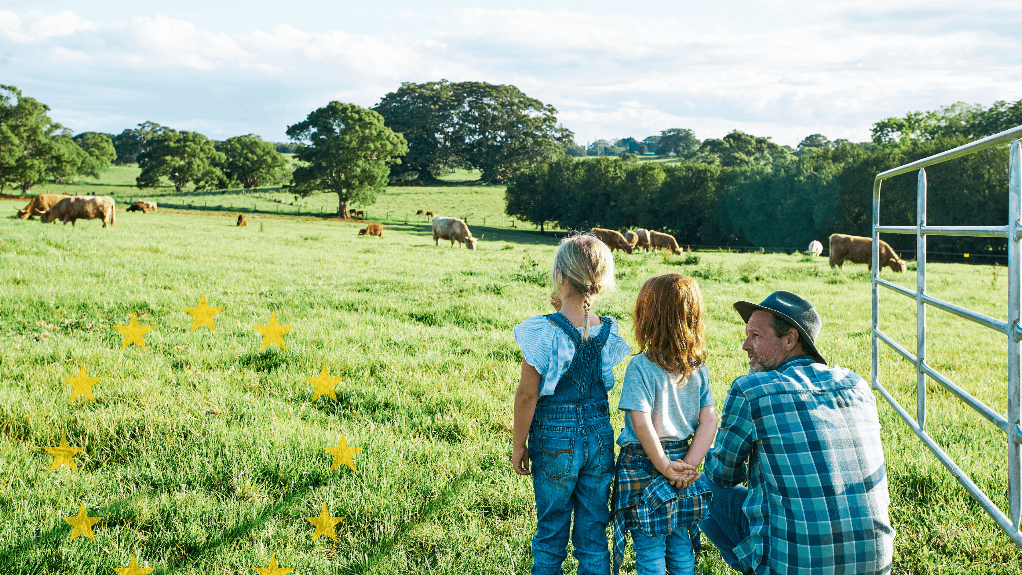 Children observing ethical animal-based nutrition Europe on a farm with grazing cattle in the background.